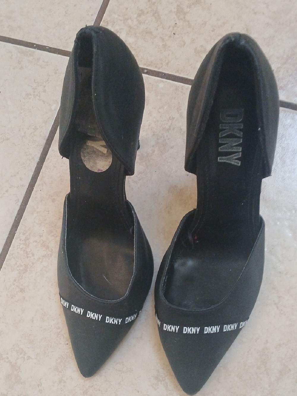DKNY Black Pointed Toe Ankle-Strap Heels with Logo Trim
